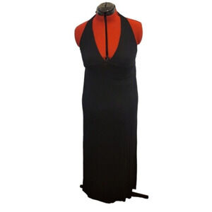 Backless halter v neck black maxi dress ruched back no brand tag, size L